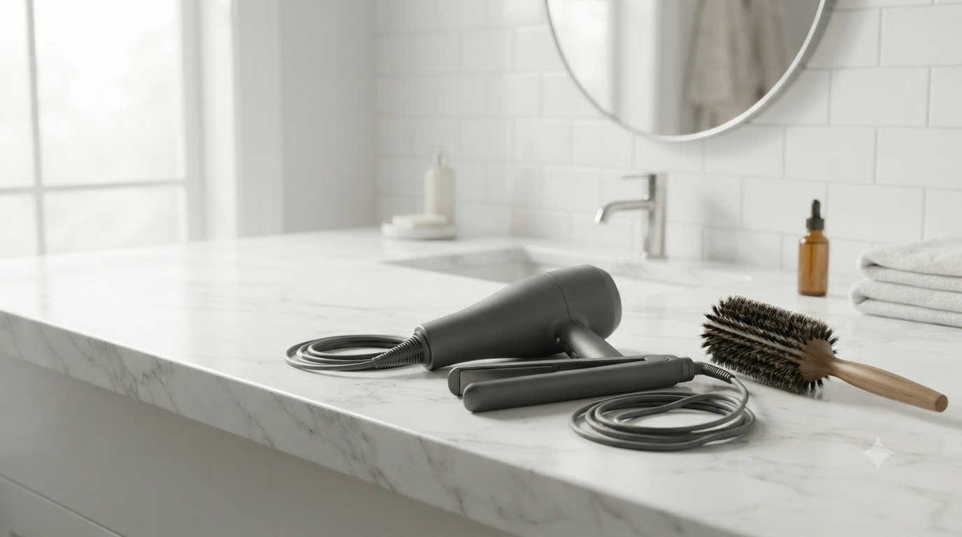 A styling station at golden hour: hair dryer, curling wand and flat iron laid out on a warm-lit vanity