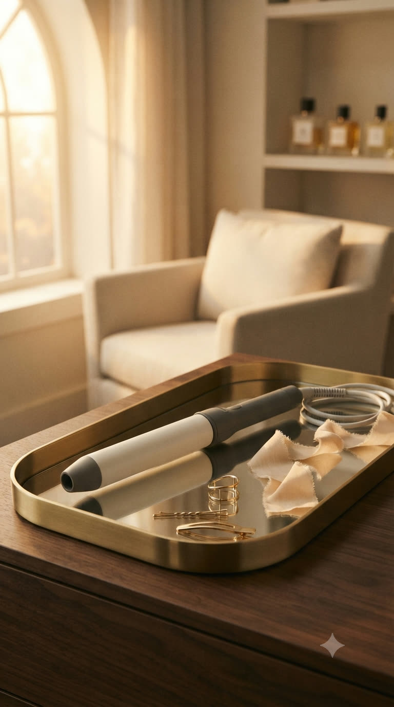 Curling wands resting in a tray on a golden-lit vanity